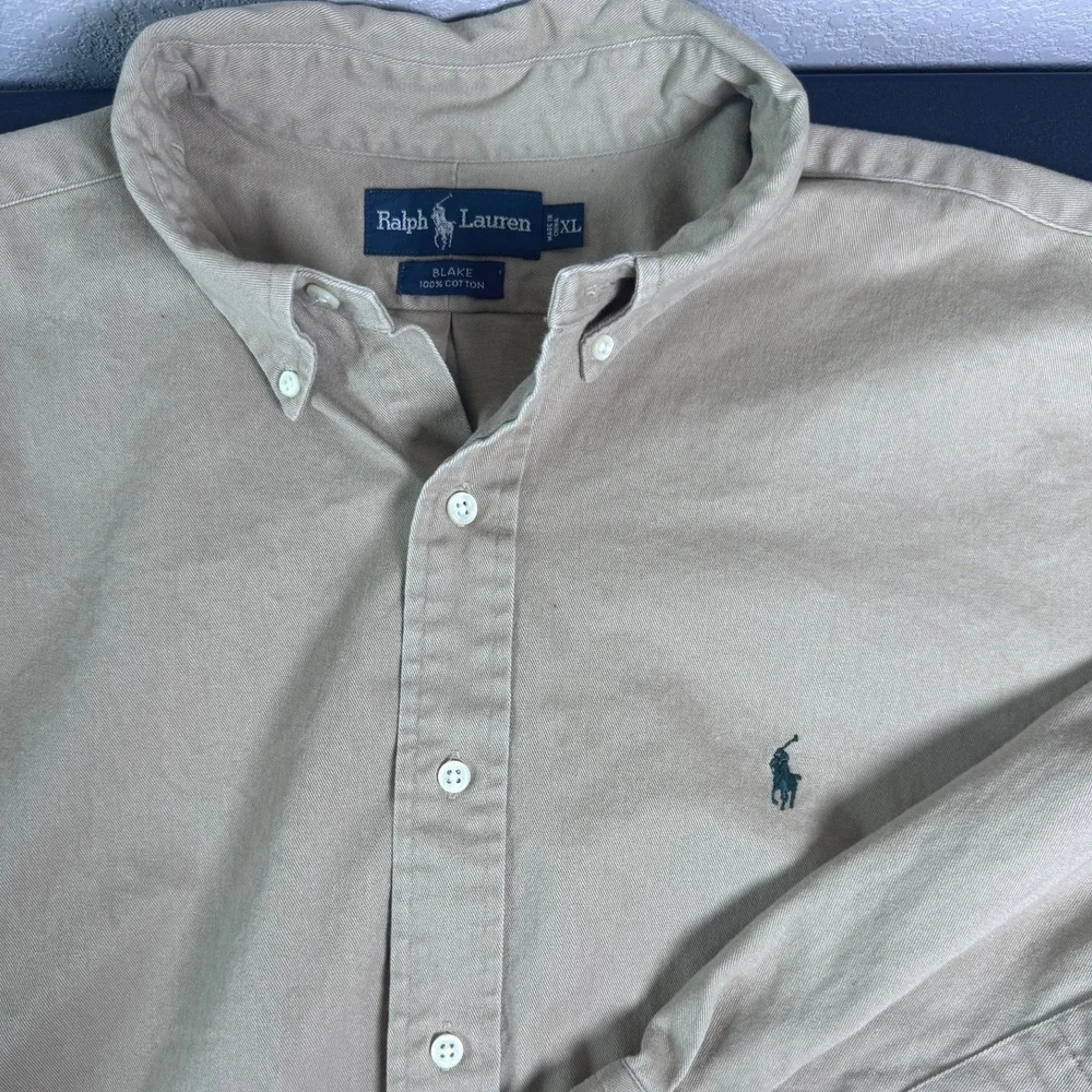 Polo Ralph Lauren Blake Shirt Mens XL Tan Khaki 100% Cotton Twill Long Sleeve